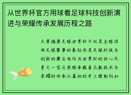 从世界杯官方用球看足球科技创新演进与荣耀传承发展历程之路