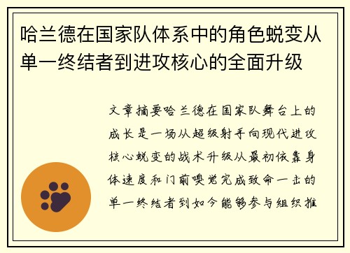 哈兰德在国家队体系中的角色蜕变从单一终结者到进攻核心的全面升级